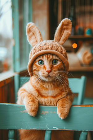 Cute domestic calm, surprised and funny cat in a hat with long rabbit ears, looking at the camera. AI generated.の素材