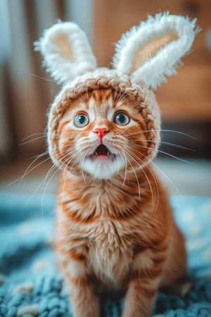 Cute domestic calm, surprised and funny cat in a hat with long rabbit ears, looking at the camera. AI generated.の素材