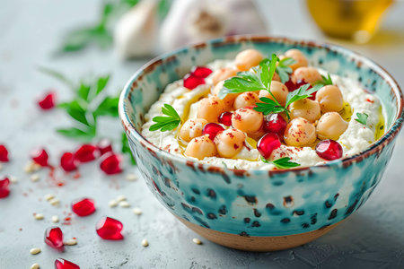 Chickpea hummus with olive oil and pomegranate seeds in a bowl. AI generated.の素材