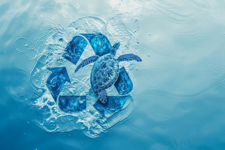 A blue recycling symbol with a sea turtle inside on a soft blue background representing the surface of the water. Environmental protection concept. AI generated.の素材