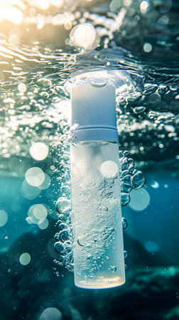 A cosmetic bottle immersed in clean water, permeated with sunlight. AI generated.の素材