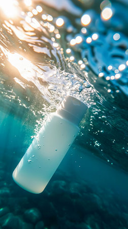 A cosmetic bottle immersed in clean water, permeated with sunlight. AI generated.の素材