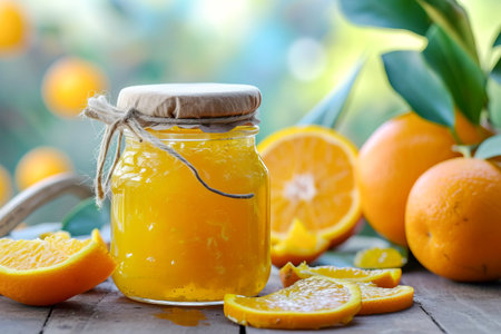 Orange marmalade in a glass jar. Healthy food, food canning. AI generated.の素材