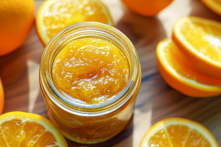Orange marmalade in a glass jar. Healthy food, food canning. AI generated.の素材