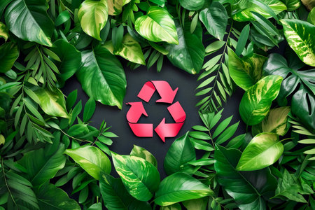 Recycling symbol among fresh green leaves. Environmental protection concept. AI generated.の素材