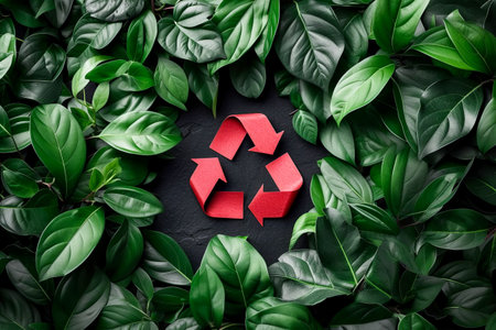 Recycling symbol among fresh green leaves. Environmental protection concept. AI generated.の素材
