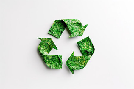 Recycling symbol made of crumpled green paper on a white background. Environmental protection concept. AI generated.の素材
