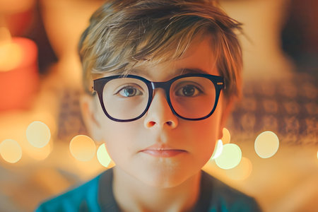 Close-up portrait of a small smart serious boy wearing glasses, looking at the camera. AI generated.の素材