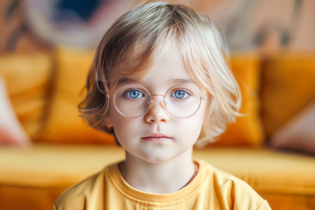 Close-up portrait of a small smart serious boy wearing glasses, looking at the camera. AI generated.の素材
