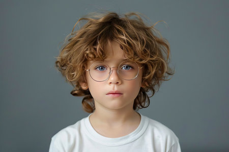 Close-up portrait of a small smart serious boy wearing glasses, looking at the camera. AI generated.の素材