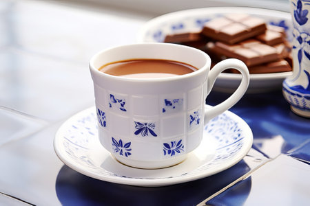 A cup of hot chocolate on a table with a blue and white tile surface, AI generated.の素材
