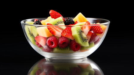 Fruit salad in a glass bowl on ablack background. AI generated.の素材