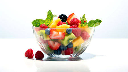 Fruit salad in a glass bowl on a white background. AI generated.の素材