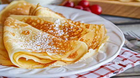 A portion of crepes is on a plate. Maslenitsa. Delicious and healthy food. AI generated.の素材