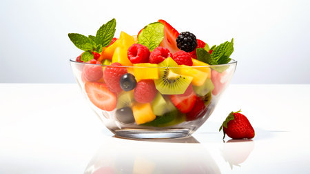 Fruit salad in a glass bowl on a white background. AI generated.の素材