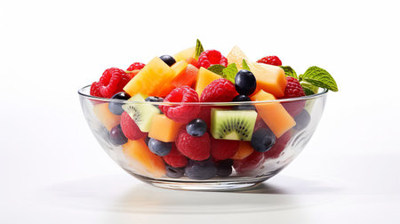 Fruit salad in a glass bowl on a white background. AI generated.の素材