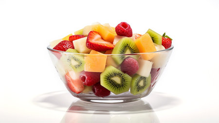 Fruit salad in a glass bowl on a white background. AI generated.の素材