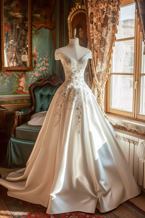 In a beautiful bright salon, on a mannequin there is a beautiful white satin long wedding dress, embroidered with beads. AI generated.の素材