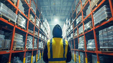 A warehouse worker in a yellow special vest in a room with high shelving. AI generated.の素材
