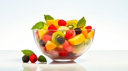 Fruit salad in a glass bowl on a white background. AI generated.の素材