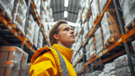 A warehouse worker in a yellow special vest in a room with high shelving. AI generated.の素材