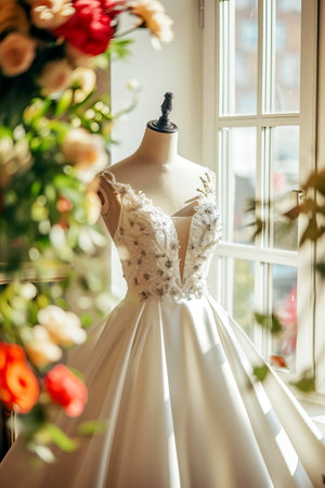In a beautiful bright salon, on a mannequin there is a beautiful white satin long wedding dress, embroidered with beads. AI generated.の素材