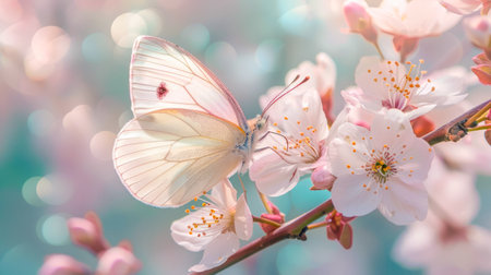 Beautiful white butterfly on a cherry blossom flower in spring. AI generated.の素材