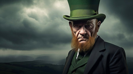 Leprechaun with an evil grin against the backdrop of an Irish landscape, wearing a green top hat in traditional clothing. St. Patrick's Day.の素材