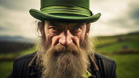 Leprechaun with an evil grin against the backdrop of an Irish landscape, wearing a green top hat in traditional clothing. St. Patrick's Day.の素材