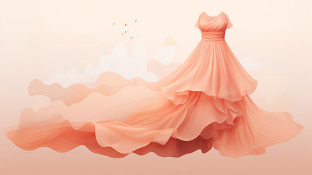 Fashion design, dress of delicate peach color made of delicate light fabric. Color of the year 2024 peach fuzz.の素材