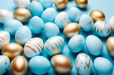 Easter eggs in light blue and gold tones on a blue background. Easter concept.の素材