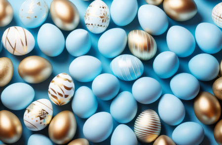 Easter eggs in light blue and gold tones on a blue background. Easter concept.の素材
