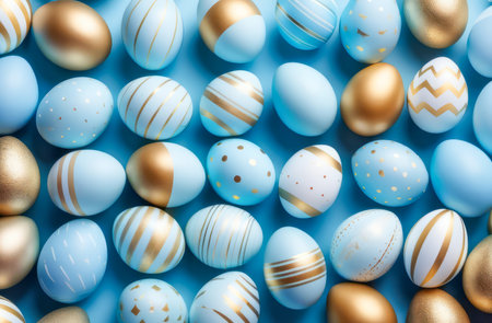 Easter eggs in light blue and gold tones on a blue background. Easter concept.の素材