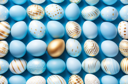 Easter eggs in light blue and gold tones on a blue background. Easter concept.の素材