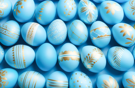 Easter eggs in light blue and gold tones on a blue background. Easter concept.の素材