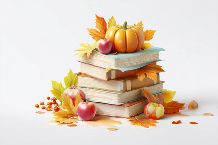 Stack of books adorned with a pumpkin and apples surrounded by fall leaves in this seasonal illustration. Perfect for themes of autumn reading, harvest, and education. AI generated.の素材