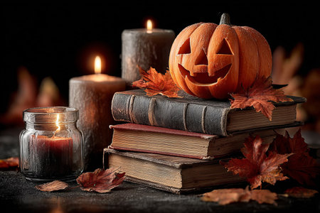 Festive jack-o'-lantern sits atop a stack of vintage books surrounded by illuminated candles and autumn leaves. Cozy Halloween scene. AI generated.の素材