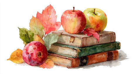 Watercolor illustration featuring a stack of books with red apples and autumn leaves. The scene represented a blend of learning and nature's beauty. AI generated.の素材