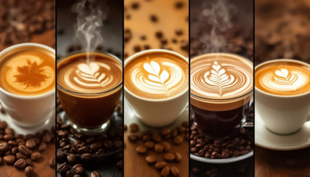 Collage of steaming coffee cups featuring diverse latte art designs, surrounded by coffee beans. The image showcases a range of coffee styles. AI generated.の素材