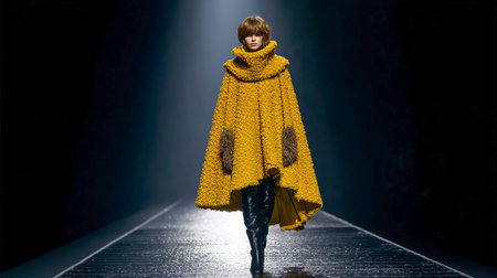 Model walks runway wearing oversized yellow coat inspired by chanterelle mushrooms. The design captures autumnal essence with textured layers and bold color, fitting for fall fashion collections.の素材