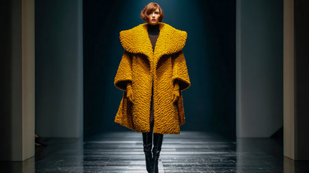 Model walks runway wearing oversized yellow coat inspired by chanterelle mushrooms. The design captures autumnal essence with textured layers and bold color, fitting for fall fashion collections.の素材