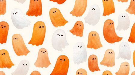 Playful watercolor ghosts in shades of orange and white create a whimsical seamless pattern. Halloween design and festive decoration. AI generated.の素材