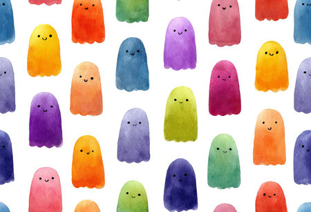 Seamless pattern featuring colorful, cute ghost illustrations. The ghosts in various hues create a playful and cheerful design for backgrounds or fabrics. AI generated.の素材