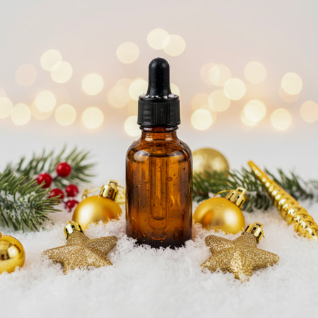 Brown oil bottle with dropper surrounded by golden Christmas ornaments on snow-like surface. Bright bokeh lights create a festive and elegant holiday atmosphere.の素材