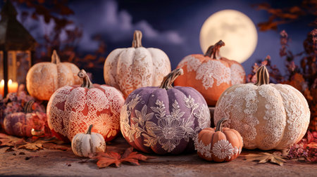 Halloween pumpkins adorned with intricate decoupage designs featuring floral patterns and subtle details.の素材