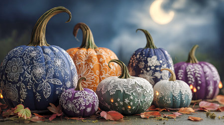 Halloween pumpkins adorned with intricate decoupage designs featuring floral patterns and subtle details.の素材