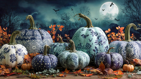 Halloween pumpkins adorned with intricate decoupage designs featuring floral patterns and subtle details.の素材