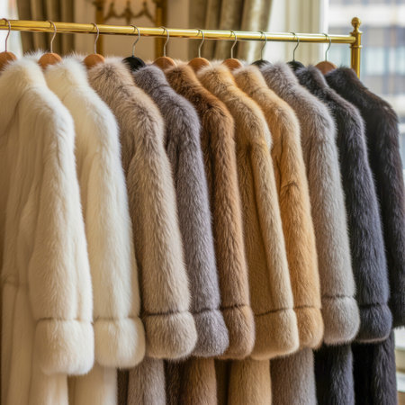 Fur coats of various colors arranged neatly on a clothing rack, offering an elegant and luxurious fashion statement. AI generated.の素材