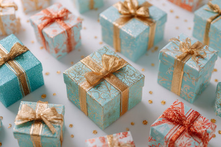 Turquoise gift boxes adorned with golden ribbons and glitter create a festive atmosphere. These beautifully wrapped presents are perfect for celebrations and special occasions. AI generated.の素材