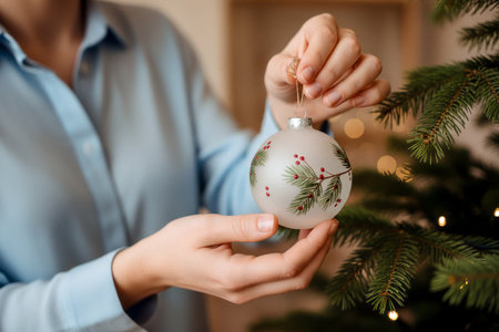 Hands delicately place a festive ornament on a Christmas tree branch. The ornament features a green leaf pattern, adding charm and holiday spirit to the decor. AI generatedの素材